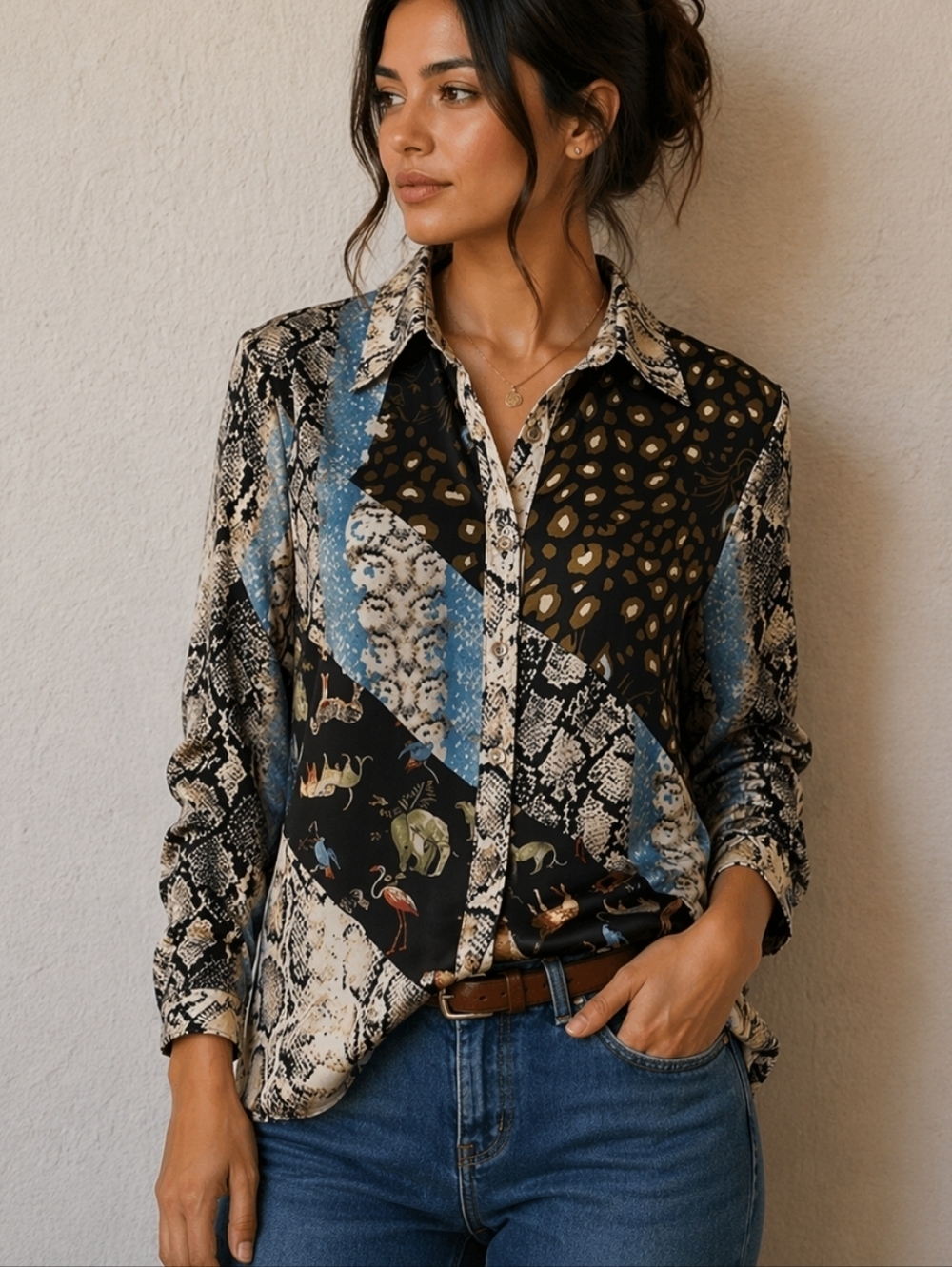 ADORE Satin Animal Snakeskin Print Patchwork Button-Up Assymetric Shirt